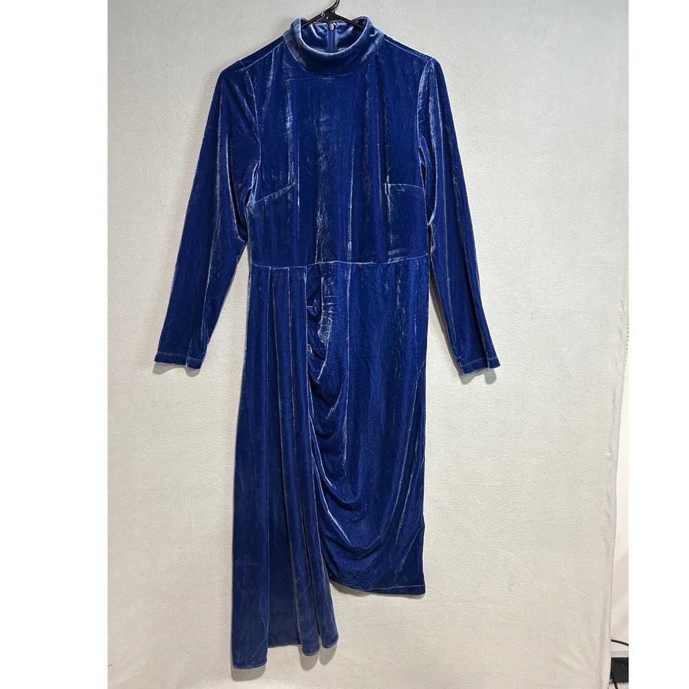 Ashro Velvet Asymmetrical Midi Dress Womens‎ 10 Blue Mock Neck wedding cocktail